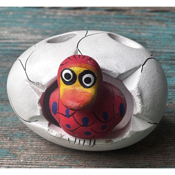 Bird Hatching Egg Pencil Holder Figurine Clay Hand-Painted Mexico 2"‎ Folk Art - Picture 1 of 8